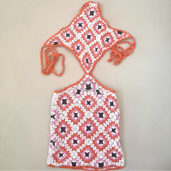 Bershka Orange White Pink Black Crochet Cutout Dress K-14 - Picture 4 of 13